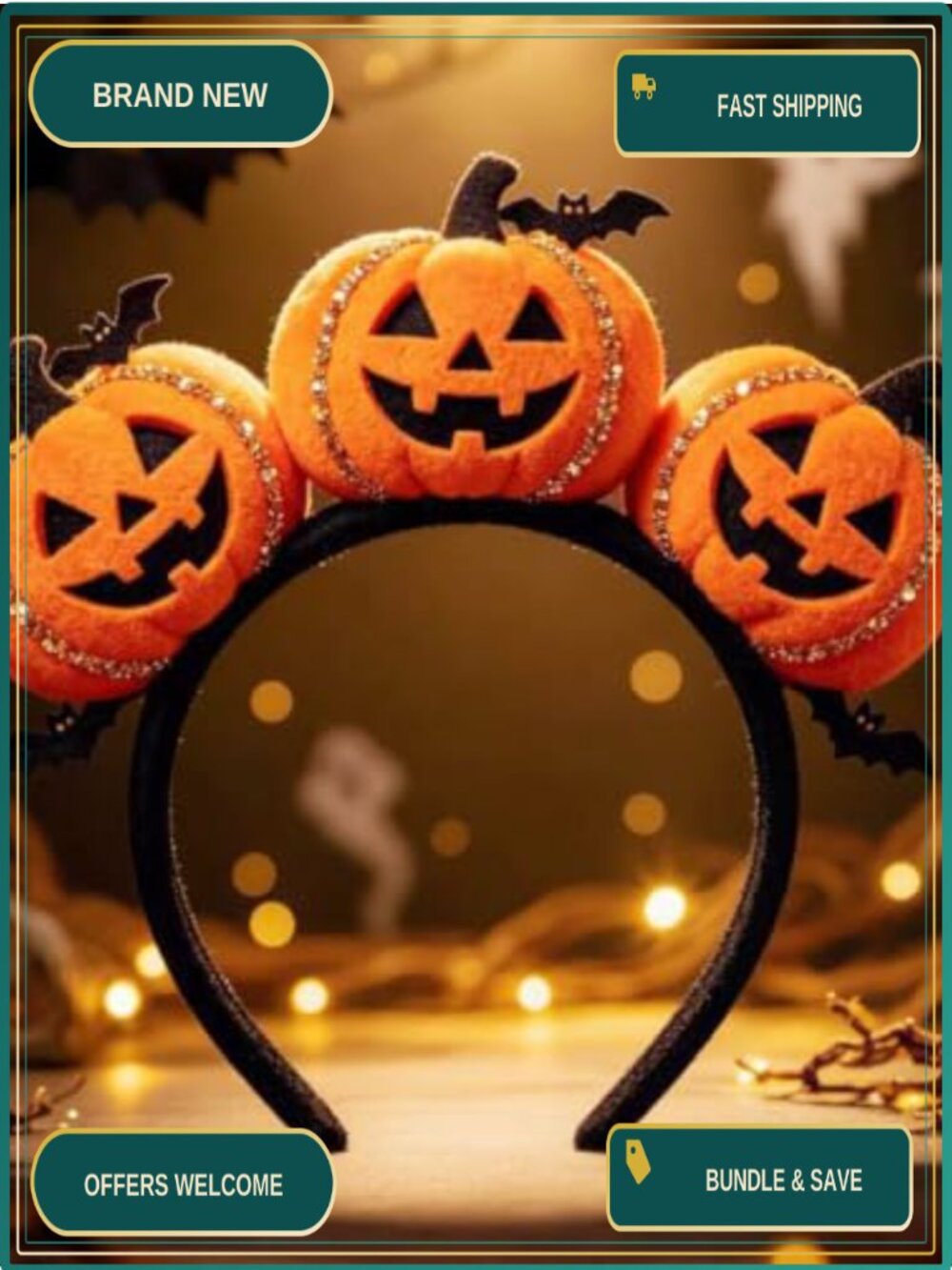 Glossy Pumpkin Bat Headband Halloween Hair Accessory Cloth Plastic